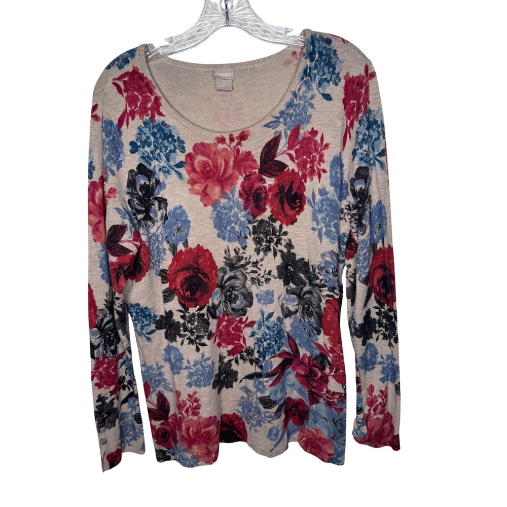 Chicos Floral Print Scoop Neck Sweater Beige Red Blue Long‎ Sleeve Size 2 Large